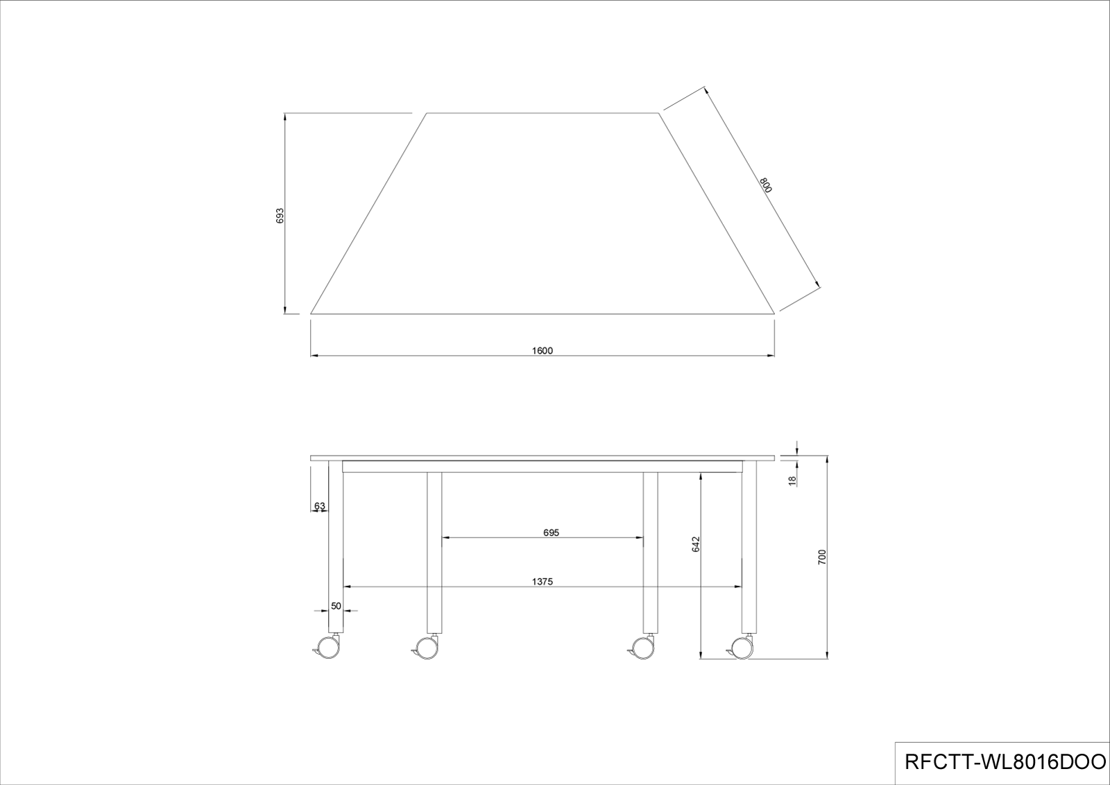 キャスターテーブル ホワイト脚 台形 ホワイト RFCTT-WL8016DWH | アール・エフ・ヤマカワ株式会社