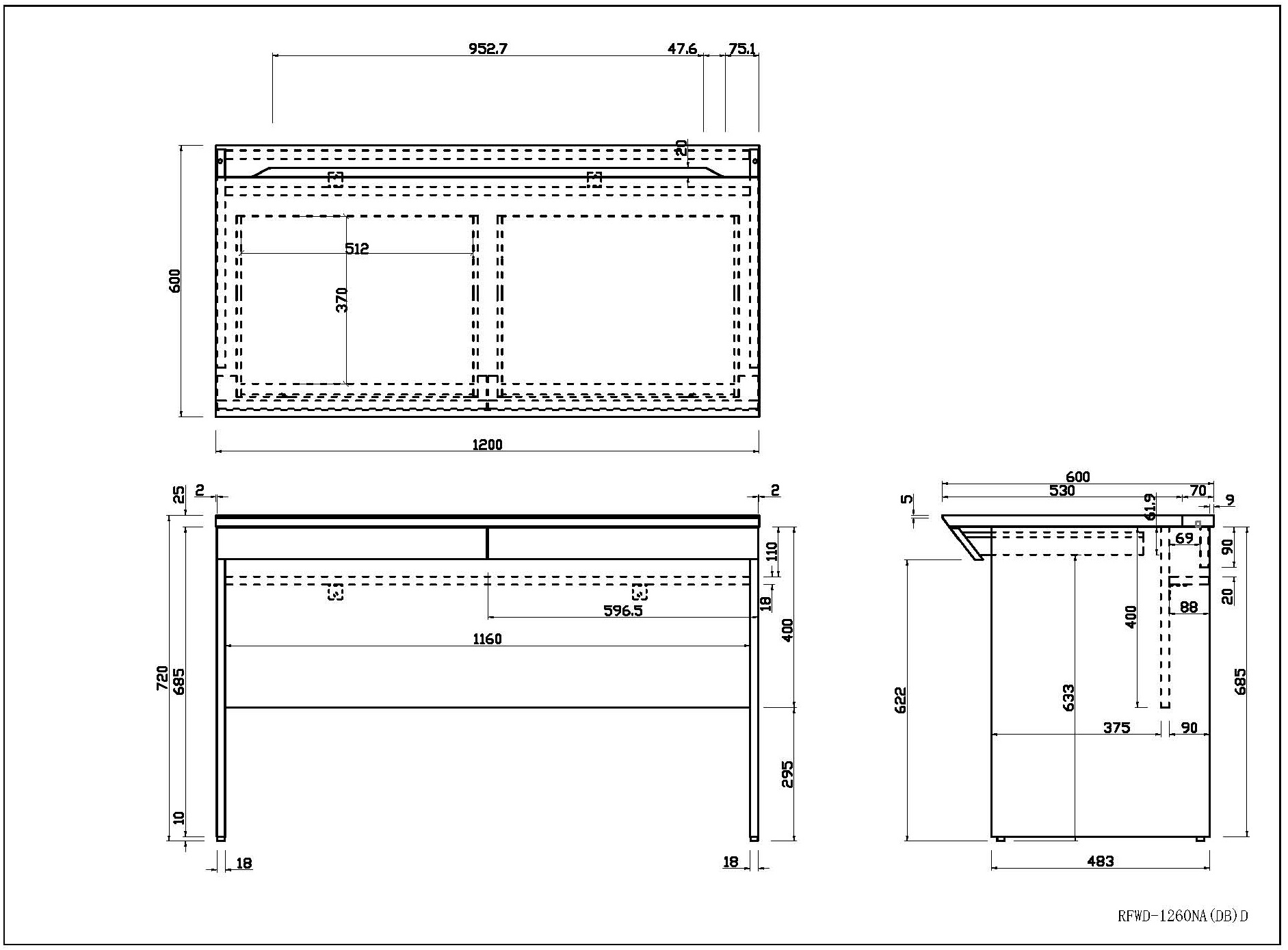 ユピタシリーズ] RF木製デスク W1200 引出付き ダーク RFWD-1260DBD