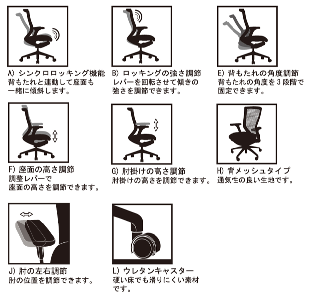 T30可動肘付きチェア機能一覧