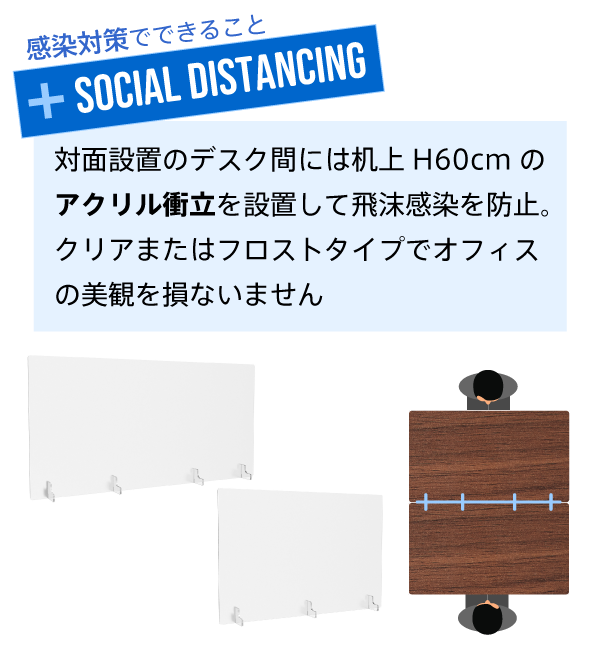 対面席はアクリル衝立で飛沫感染を防止する