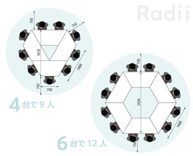 ラディー台形テーブルの組み合わせ例
