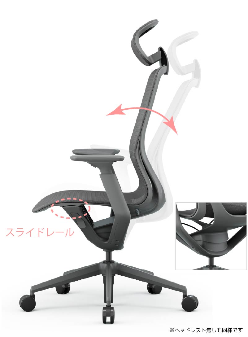 アリアデスクチェア 背座ロッキングとリクライニング機能