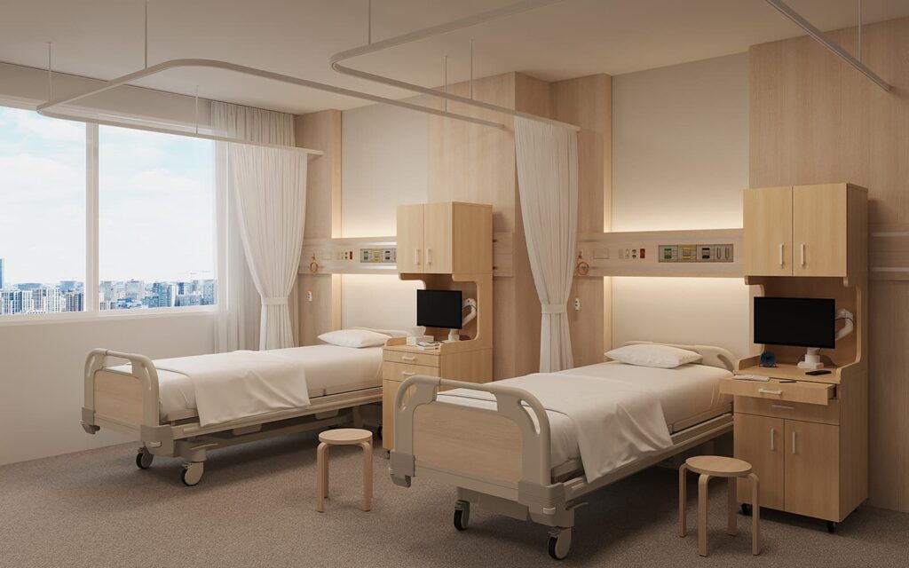 メディット床頭台 ハイ ナチュラル 扉・棚板・モニターアーム ホワイト付き RFMSD-HNA-DT-MAWH（使用イメージ）