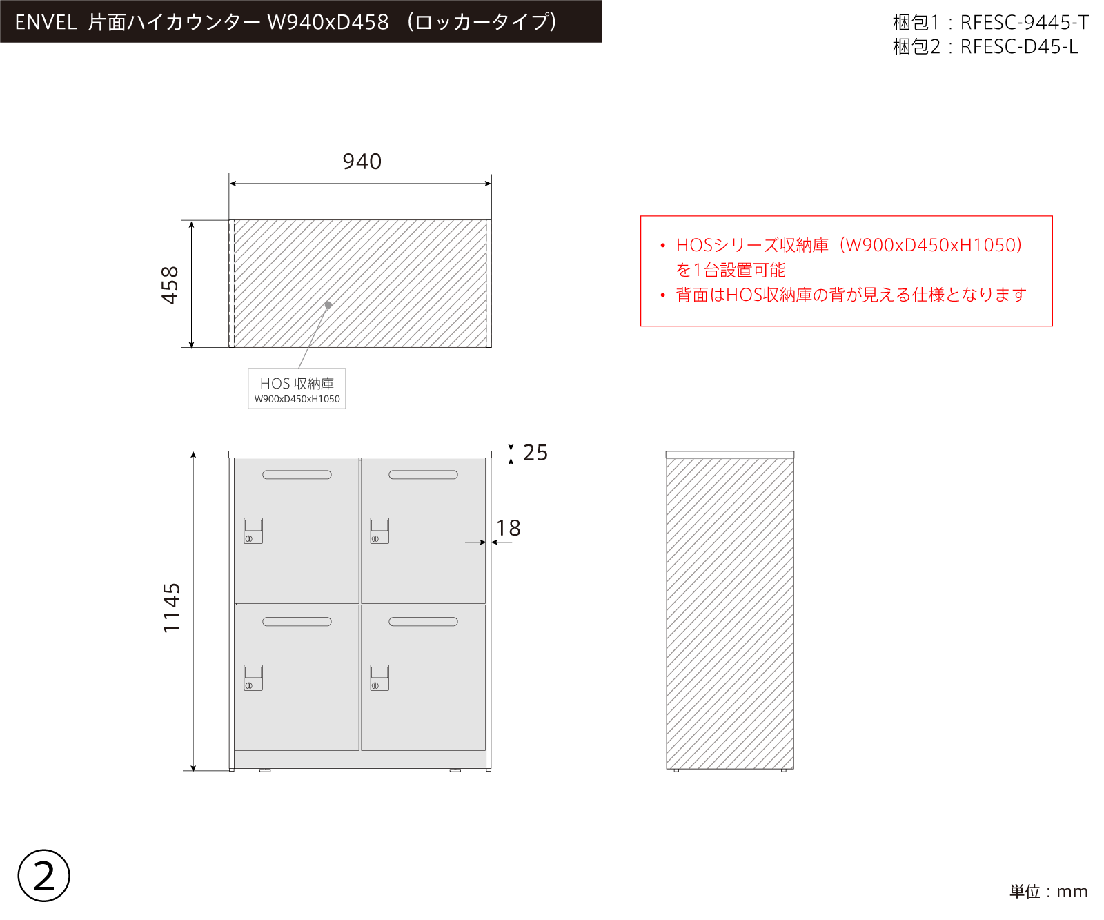 ② ENVEL 片面ハイカウンター W940xD458
+ HOSスチール収納1台 三面図