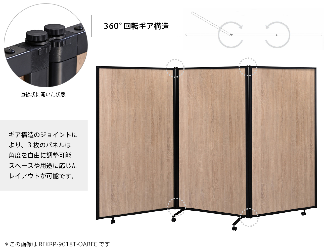 三連パーテーションのパネルジョイント部分（開いた状態）